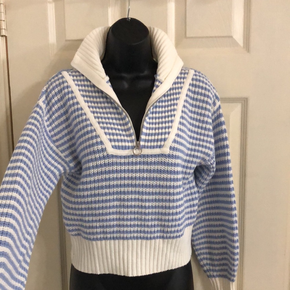 Jessica Simpson blue ecru stripe henley style quarter zipup sweater size medium - Picture 11 of 15